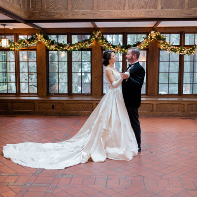 Bride and groom dancing in conservatory at Willodale Estate in Topsfield, MA, New England