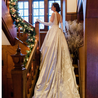 Beautiful wooden staircase inside wedding venue, Willowdale's historic mansion Boston, MA