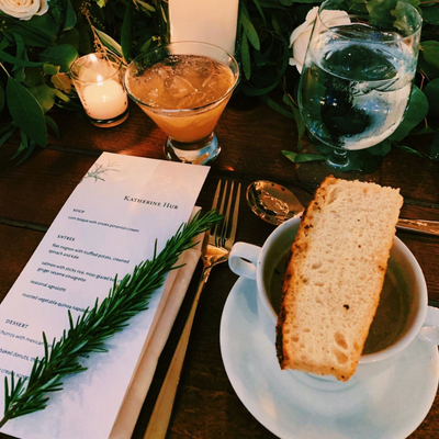 Wedding cocktails and dessert at Willowdale Estate with menu card and gold flatware