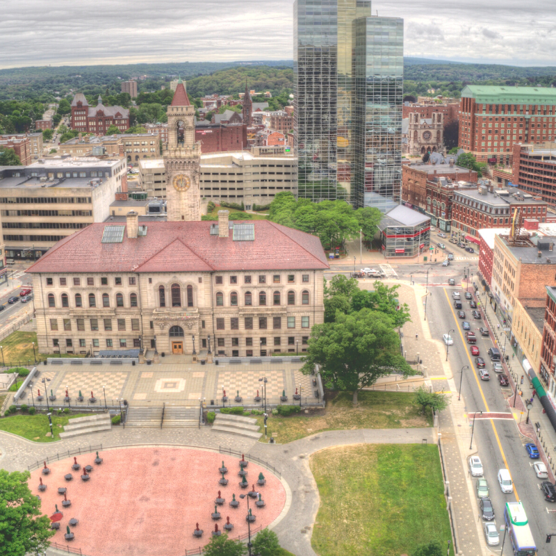 Overhead view of venues in downtown Worcester, Massachusetts, New England