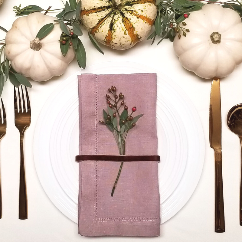 hemstitch linen in fall tablescape with pumpkins, boston new england