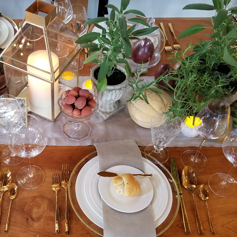 White rimmed dinnerware rentals with tablescape and lanterns Springfield, MA, New England