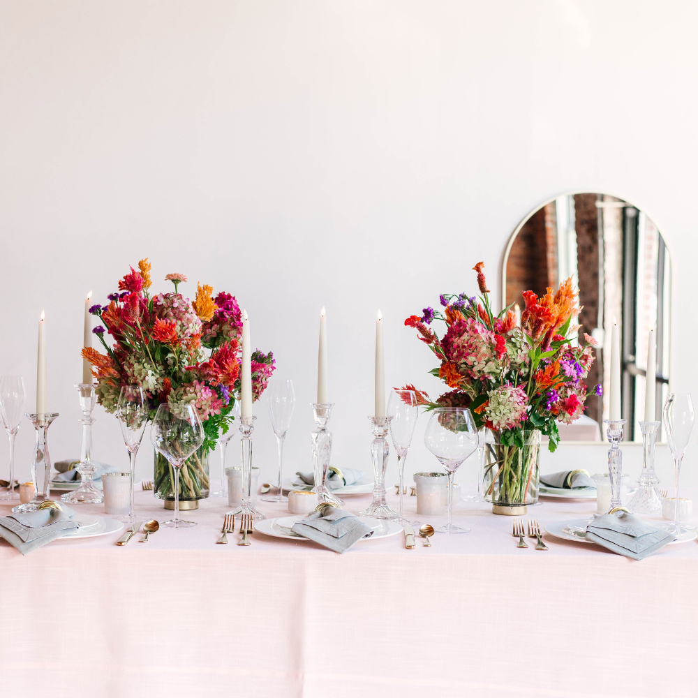 Fiery summer florals with blush with reserve premium glassware rentals MA - New England.
