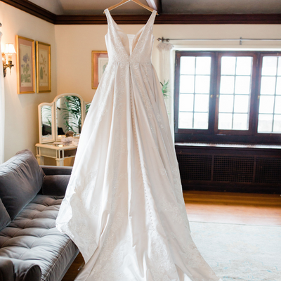 Bridal gown hung up in Willowdale Estate's bridal suite Boston, MA, New England