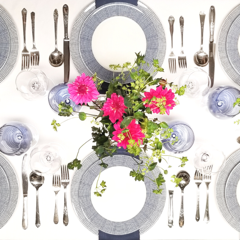 Blue Dot Dinnerware Tablescape with Hemstitch Blue Napkins and Pink Florals, Massachusetts, New England