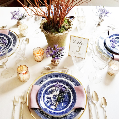 Blue willow dinnerware rentals set at tablescape in Beacon Hill neighborhood of Boston 