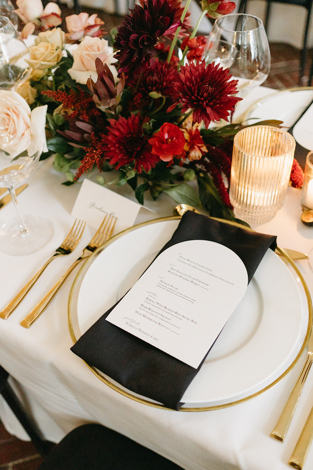 Tabletop rentals including gold charger, gold flatware for wedding at Tupper Manor Boston, MA