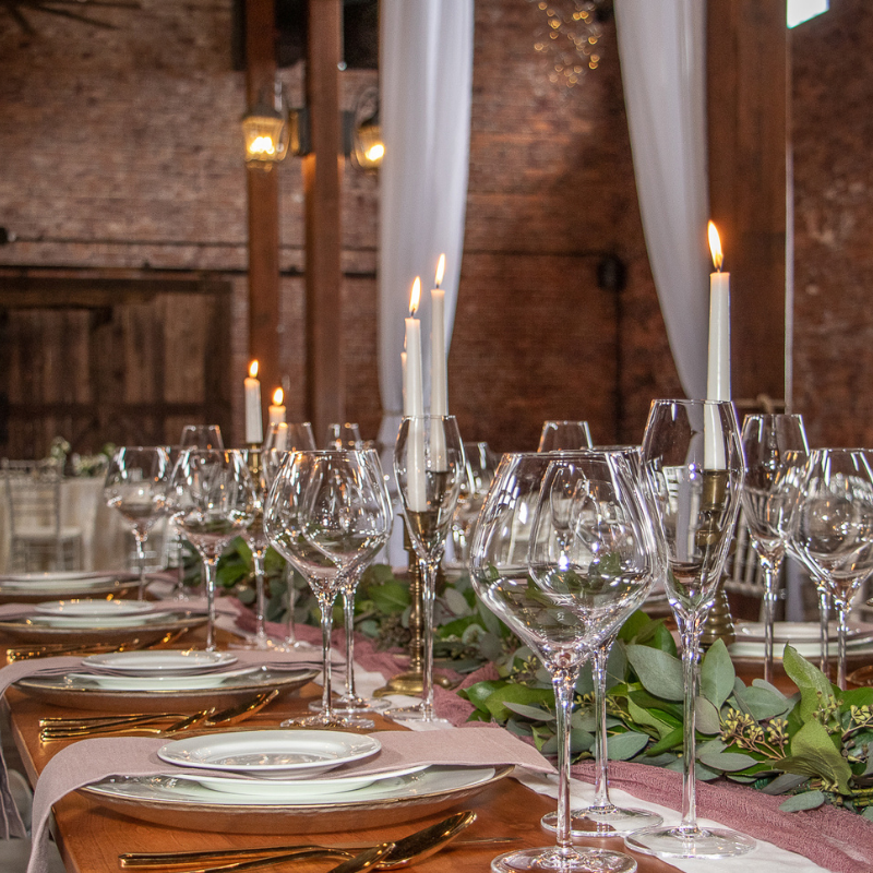 Wedding reception with glassware wedding rentals at 1620 Winery, Boston, MA 