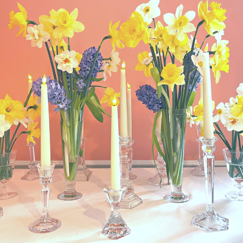 Party rentals including crystal candlesticks and battery tapers for event in Massachusetts, New England