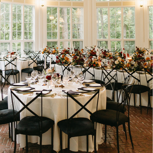 Tupper manor dark and moody with black and white linen, wedding outside Boston, Massachusetts