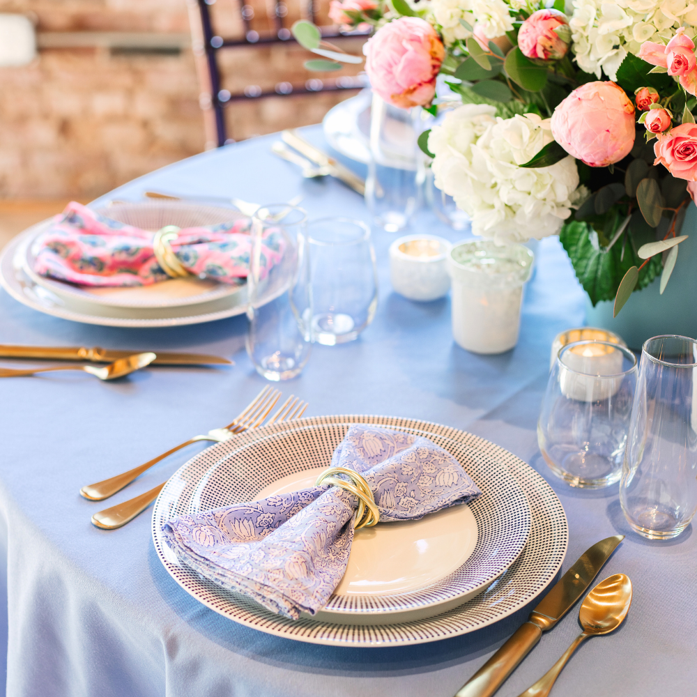 pink and blue dinner party rentals at summer New England resort