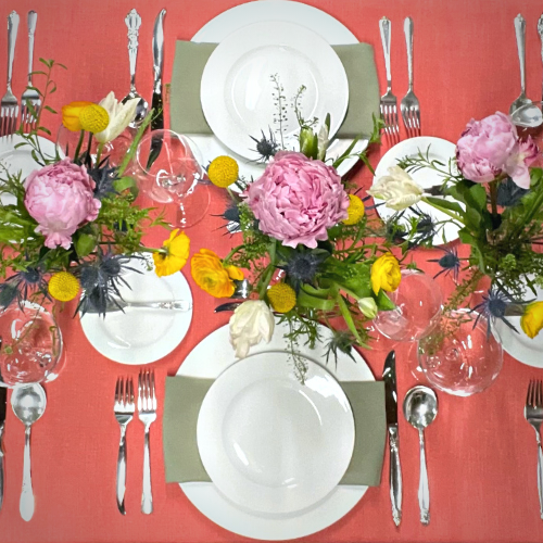 coral textured linen rentals with colorful tablescape greater Boston, Massachusetts