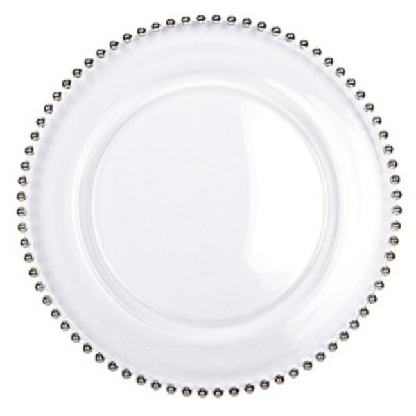 clear glass charger with silver beaded accent along rim